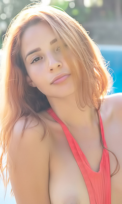 Agatha Vega Peels A Red Swimsuit Off Her Pierced Nipples, Then Spreads On The Pool Edge